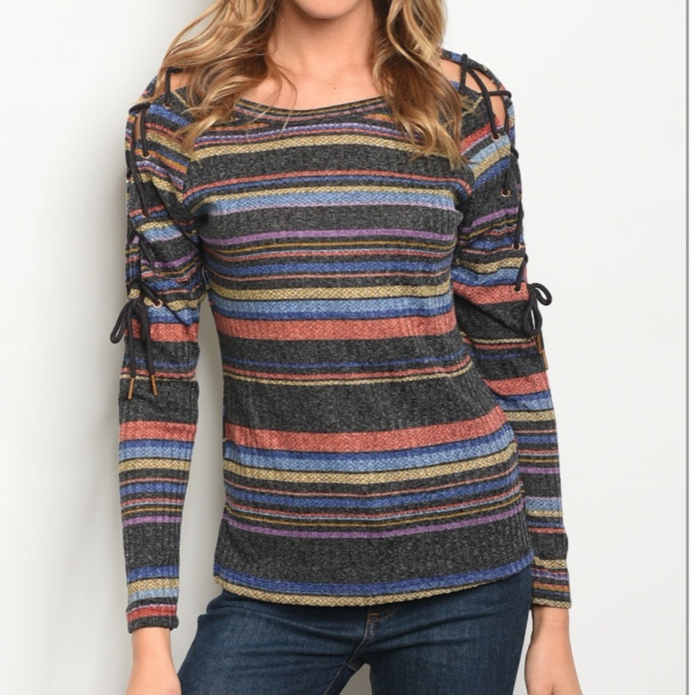 ❤️1 LG❤️Multi Color Stripe Tie Sleeve Top - Picture 6 of 7
